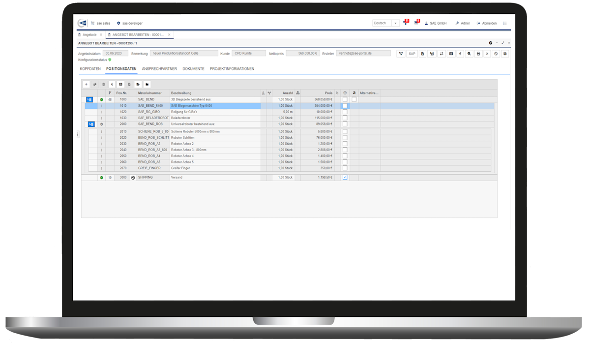 screenshot of SAE CPQ